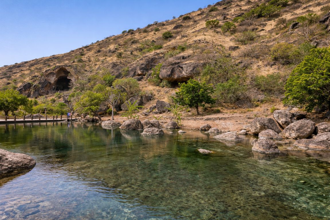 Scenic Ain Razat oasis in Salalah surrounded by mountains and greenery captured during Oman Muscat Tours excursion