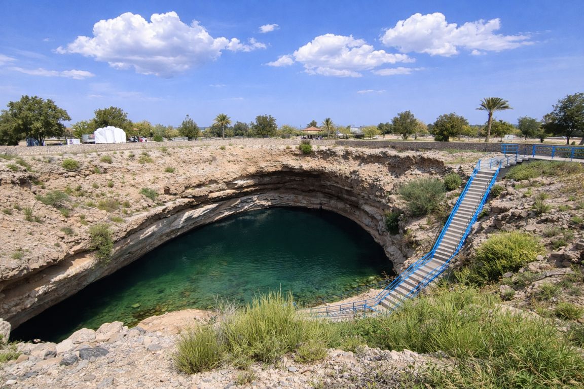 Bimmah Sinkhole attraction with stairway access and calm waters captured during a tour with Oman Muscat Tours