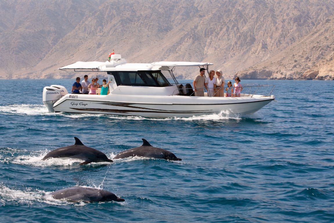 Family enjoying dolphin watching tour in Muscat with close-up view of dolphins in ocean during Oman Muscat Tours