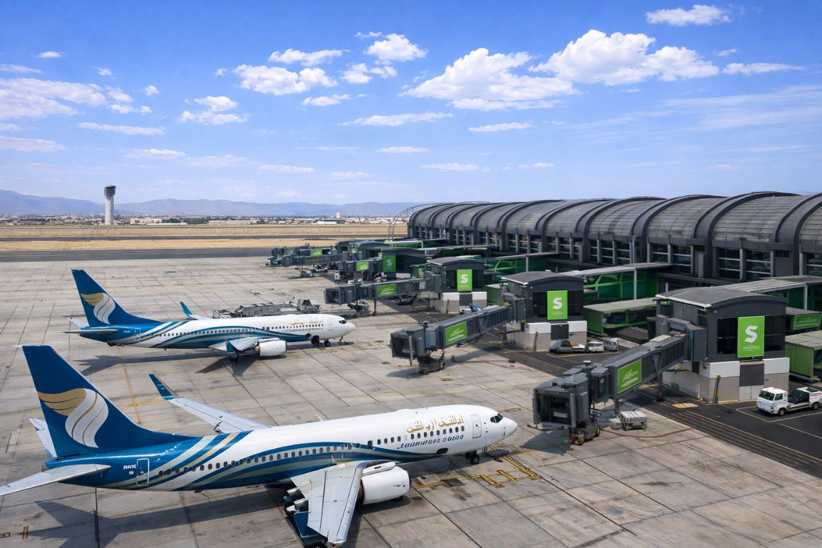 Wide view of Muscat International Airport runway and terminal building captured during an Oman Muscat Tours experience