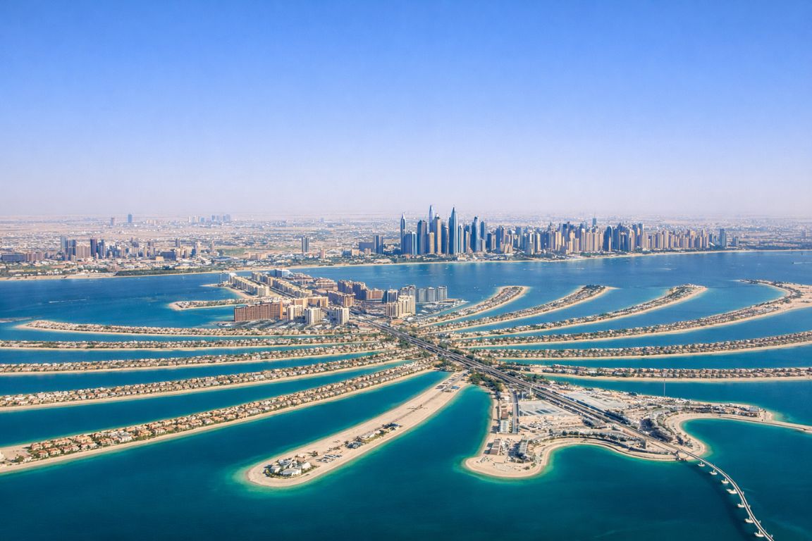 Aerial view of Palm Jumeirah island with Dubai skyline and turquoise waters experienced during a tour with Oman Muscat Tours
