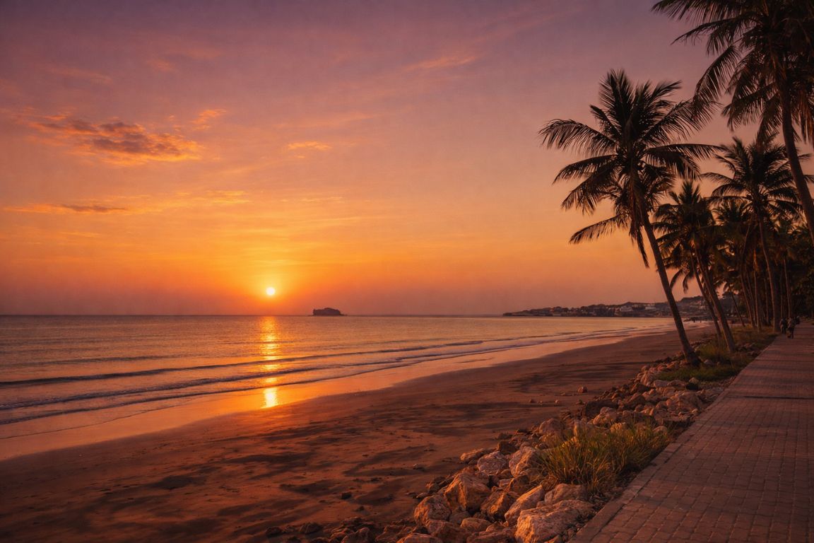 Sunset view at Qurum Beach in Muscat with palm trees and calm sea experienced during a tour with Oman Muscat Tours