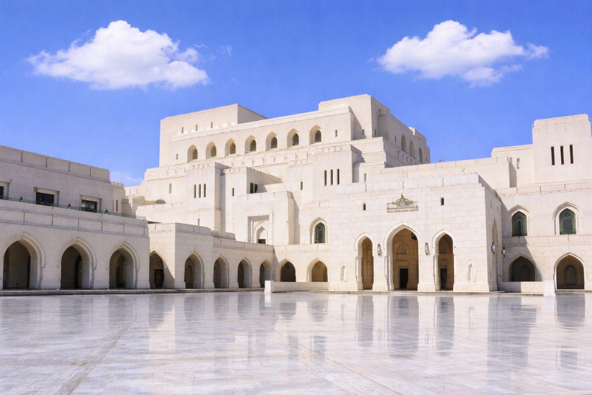 Iconic Royal Opera House Muscat building captured under blue sky during a tour with Oman Muscat Tours
