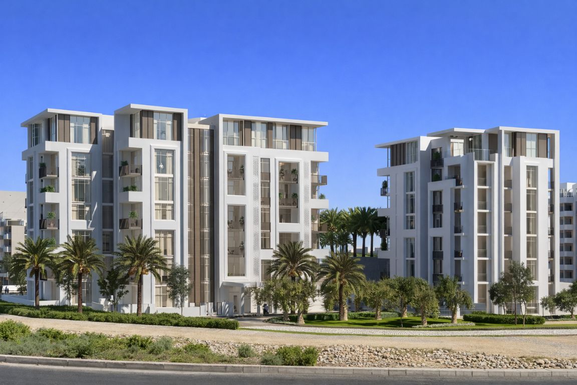 Luxury apartments in Shatti Al Qurum area with clear blue sky and greenery captured during a tour with Oman Muscat Tours