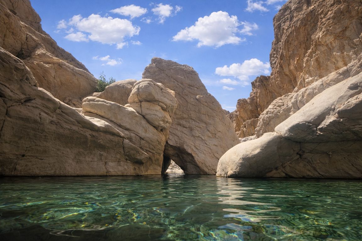 Crystal clear water and rocky canyon at Wadi Shab in Oman explored during a tour with Oman Muscat Tours