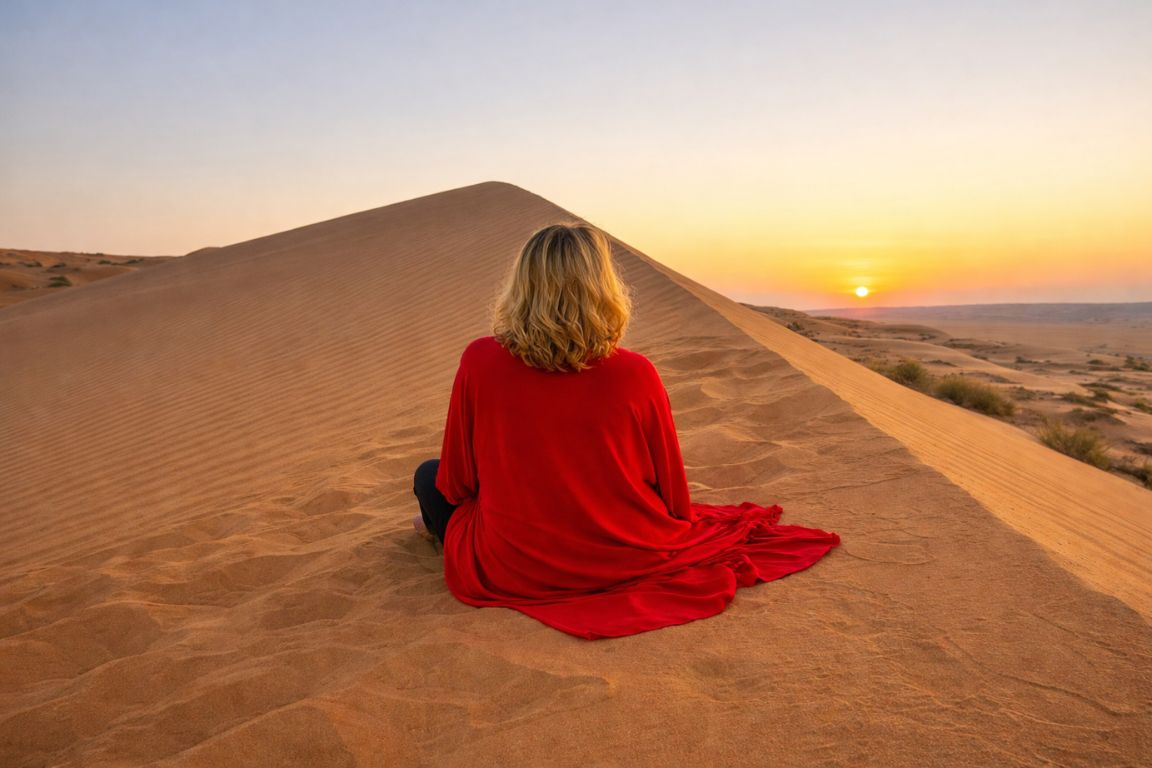 Woman relaxing on sand dunes at sunset in Wahiba Sands desert during a tour with Oman Muscat Tours