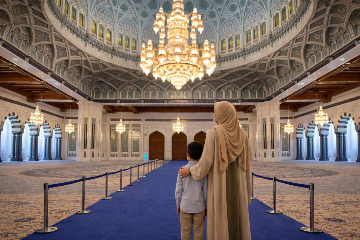 Woman with child inside Sultan Qaboos Grand Mosque in Muscat during a guided tour with Oman Muscat Tours